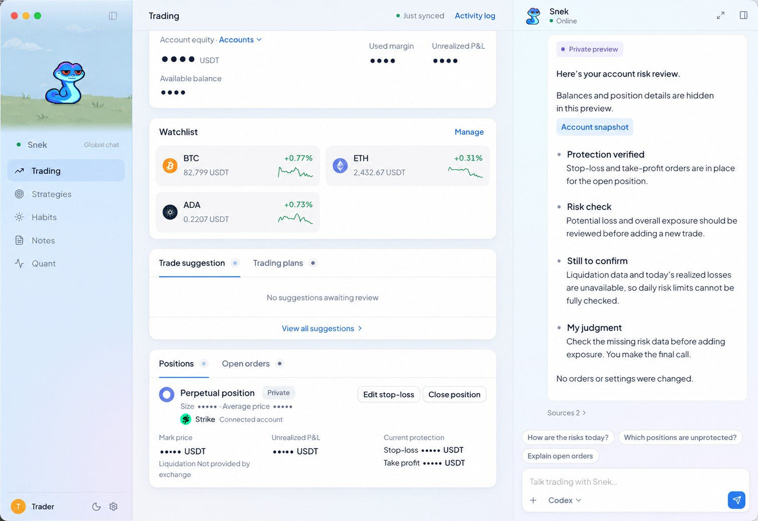 The Coil desktop app, with markets, an open position, and the agent reviewing risk.